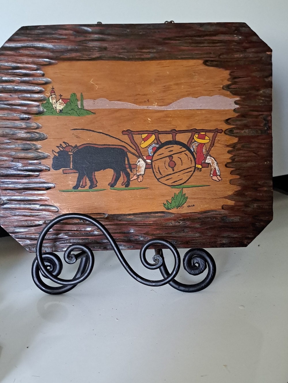 Vtg Mexican Folk Art Plaque Featuring Hand Painted Scene Of Farmer Oxen Cart